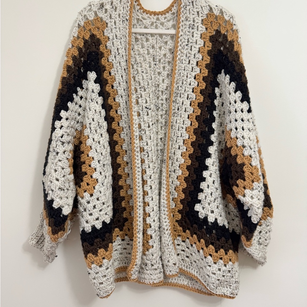 Crochet Granny Hexagon Open Front Cardigan  NEW earth tones Handmade